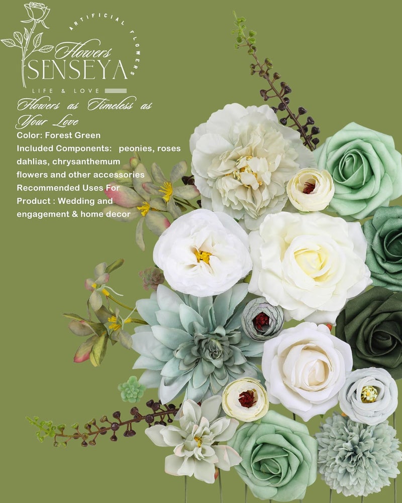 Senseya Artificial Flowers Combo Set, Green Silk Roses, Peonies, Dahlias with Stems for DIY Wedding Bouquets, Baby Shower, Table Centerpieces, Home Decor, Fake Floral Arrangements, Party Decorations - Image 2