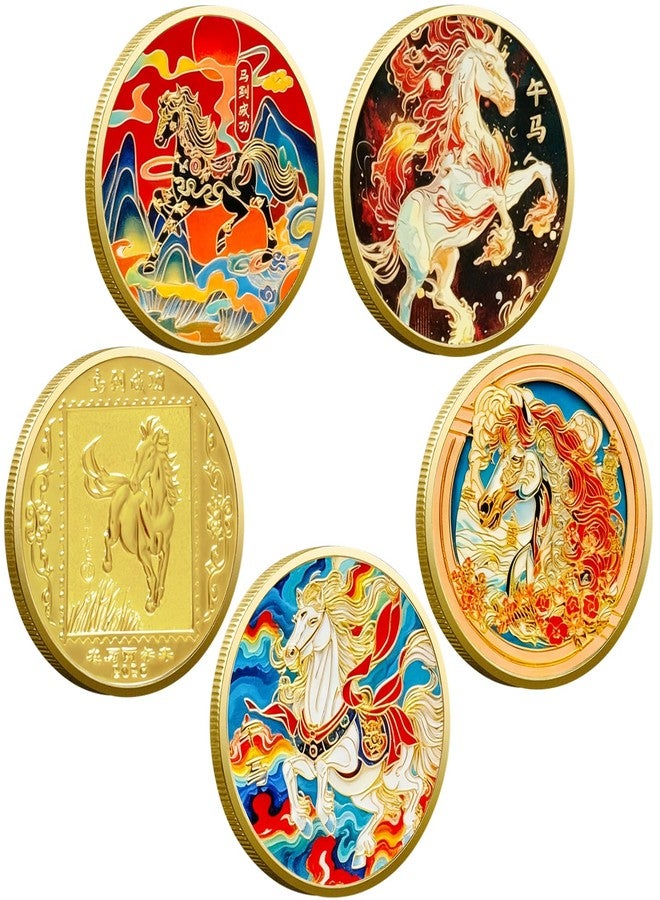 LAIAMER 5 Pcs Chinese Horse Coin 2026 Year of The Horse Zodiac Coin Gold Chinese Lucky Coin for Lunar Year Zodiac Blessing Souvenir Gifts with Protective Case - Image 1