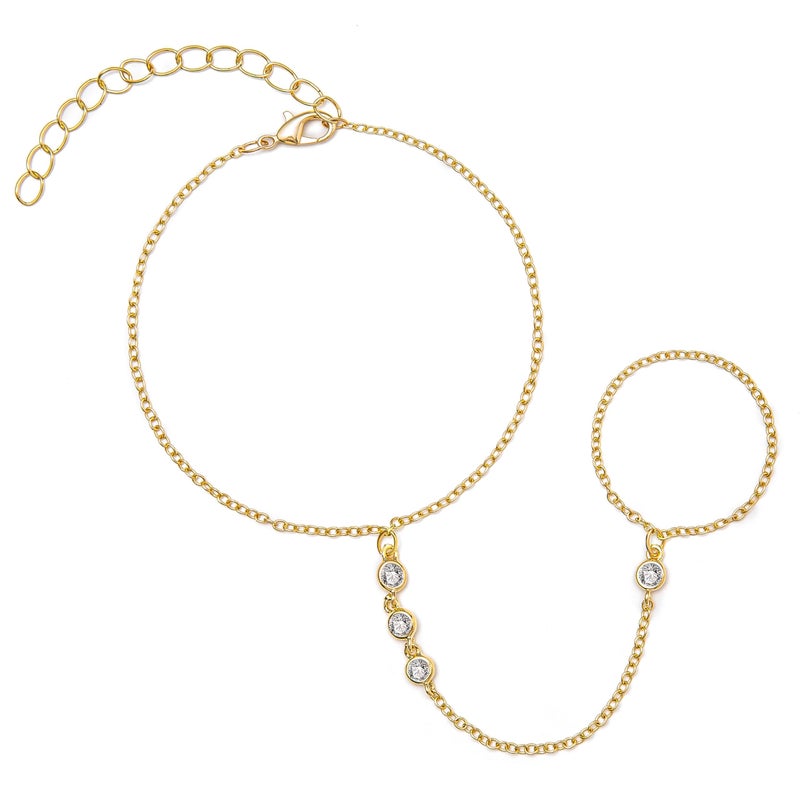 Nackiy 14K Gold Plated Hand Chain Bracelet with Ring, Dainty Cubic Zircon Finger Bracelet, Adjustable Cuff Body Jewelry Gifts for Women(4CZ) - Image 1