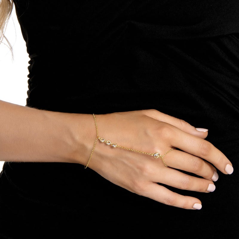 Nackiy 14K Gold Plated Hand Chain Bracelet with Ring, Dainty Cubic Zircon Finger Bracelet, Adjustable Cuff Body Jewelry Gifts for Women(4CZ) - Image 5