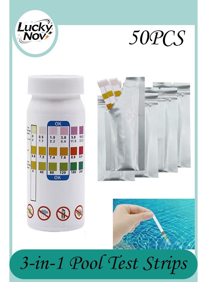LuckyNov 50 Strips Pool Test Strips - 3-in-1 Pool Water Testing Kit for Chlorine/Bromine, pH, Alkalinity - Easy and Accurate Hot Tub Test Strips for Swimming Pools & Spas - Image 1