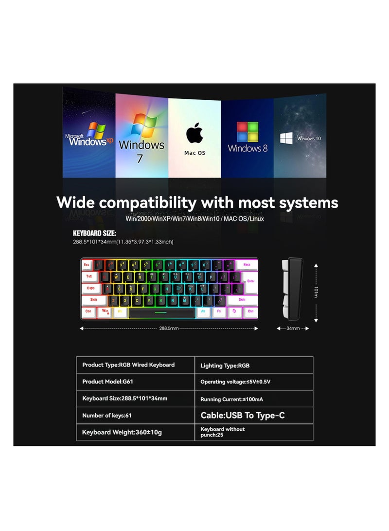 كيبول لوحة مفاتيح غشائية 61 مفتاح 60% صغيرة سلكية للألعاب إضاءة خلفية RGB لونين كابل منفصل تصميم بسيط ومدمج مناسبة للاستخدام اليومي والألعاب المنزلية والاحترافية - Image 4