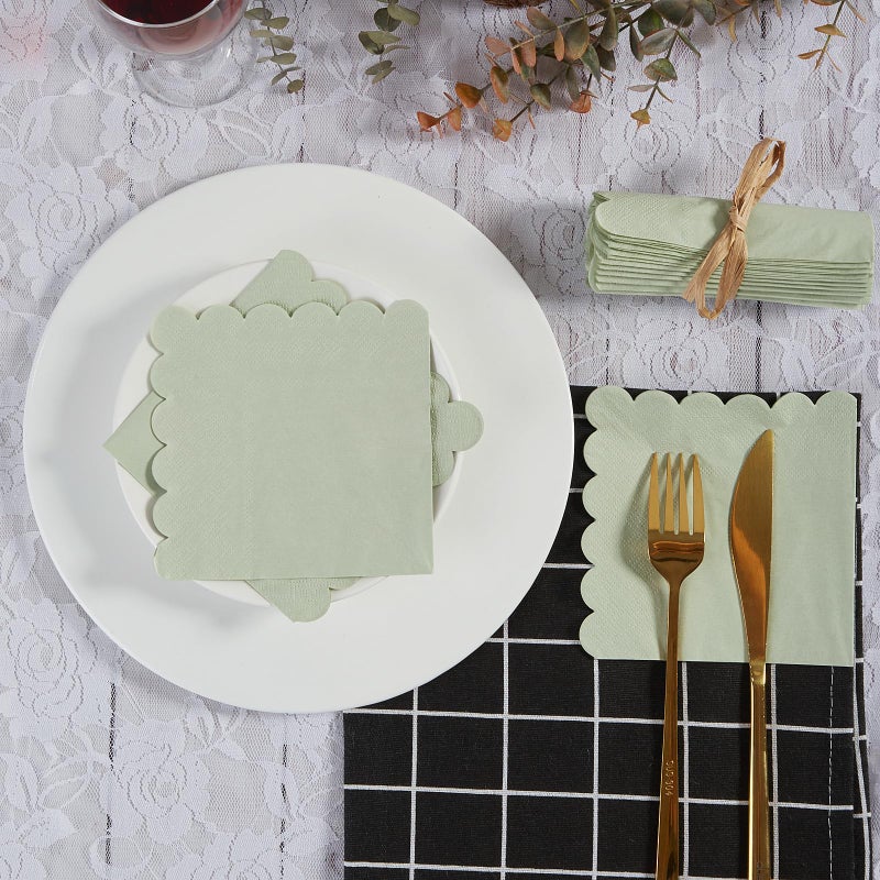 BEFORYOU 100 Pack Cocktail Napkin 2-Ply Scalloped Edged Dessert Napkins Folded 5 x 5 Inches Disposable Napkins for Dinner Wedding Birthday Party Bridal Anniversary Reception Event (Sage Green) - Image 5