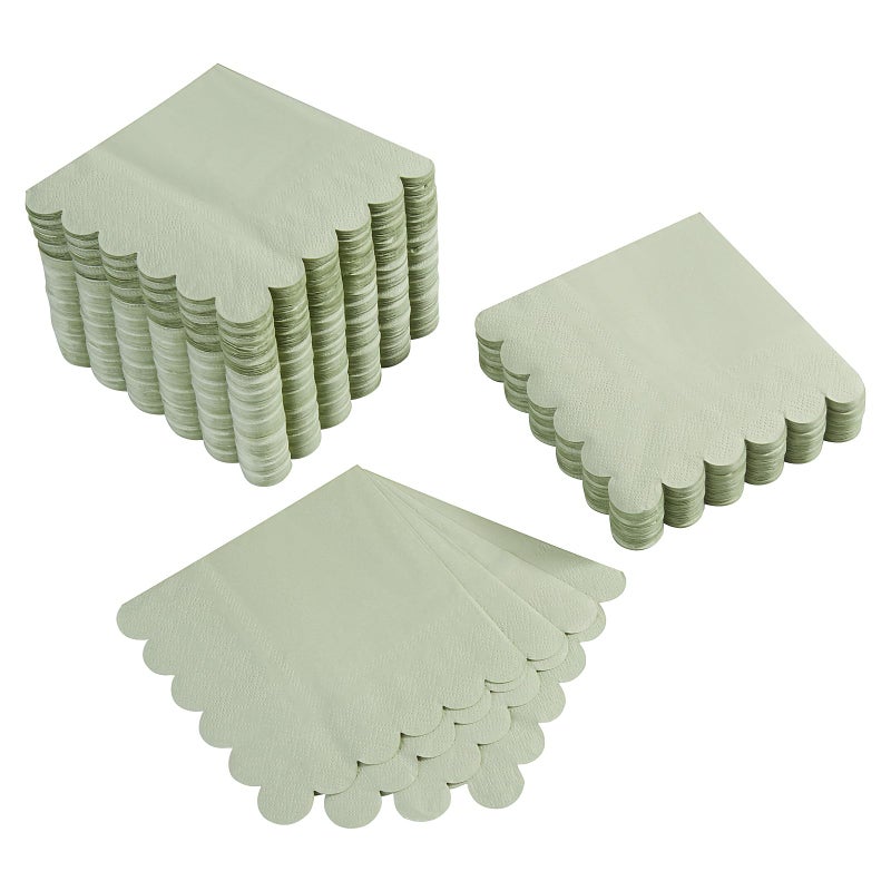 BEFORYOU 100 Pack Cocktail Napkin 2-Ply Scalloped Edged Dessert Napkins Folded 5 x 5 Inches Disposable Napkins for Dinner Wedding Birthday Party Bridal Anniversary Reception Event (Sage Green) - Image 1