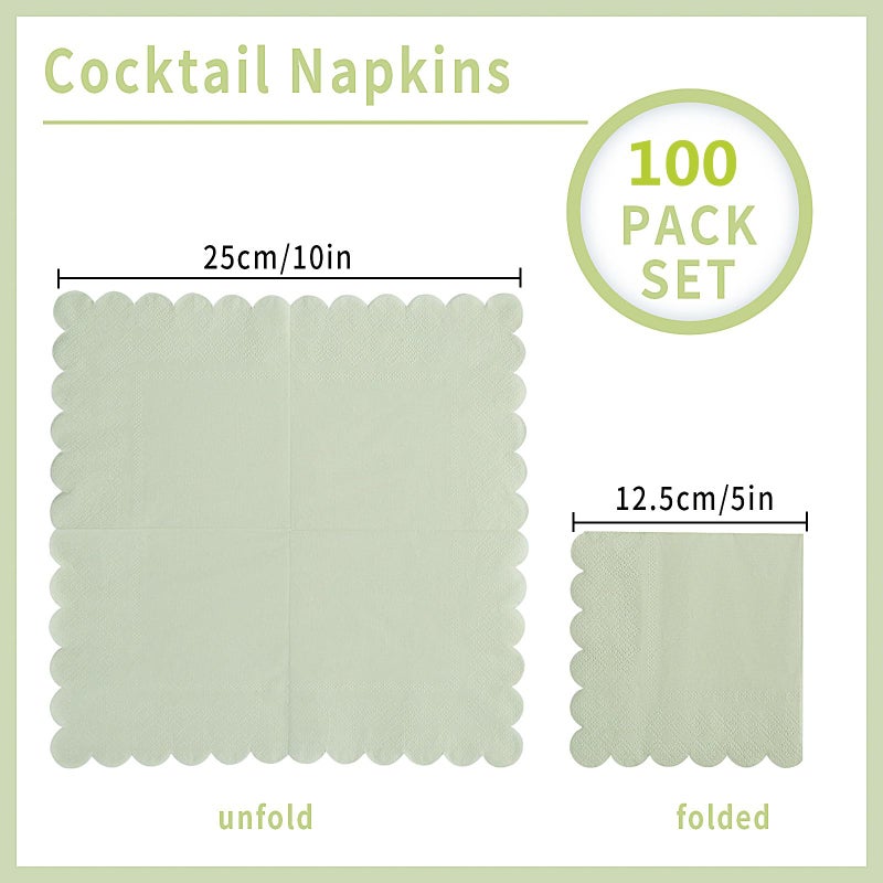 BEFORYOU 100 Pack Cocktail Napkin 2-Ply Scalloped Edged Dessert Napkins Folded 5 x 5 Inches Disposable Napkins for Dinner Wedding Birthday Party Bridal Anniversary Reception Event (Sage Green) - Image 2