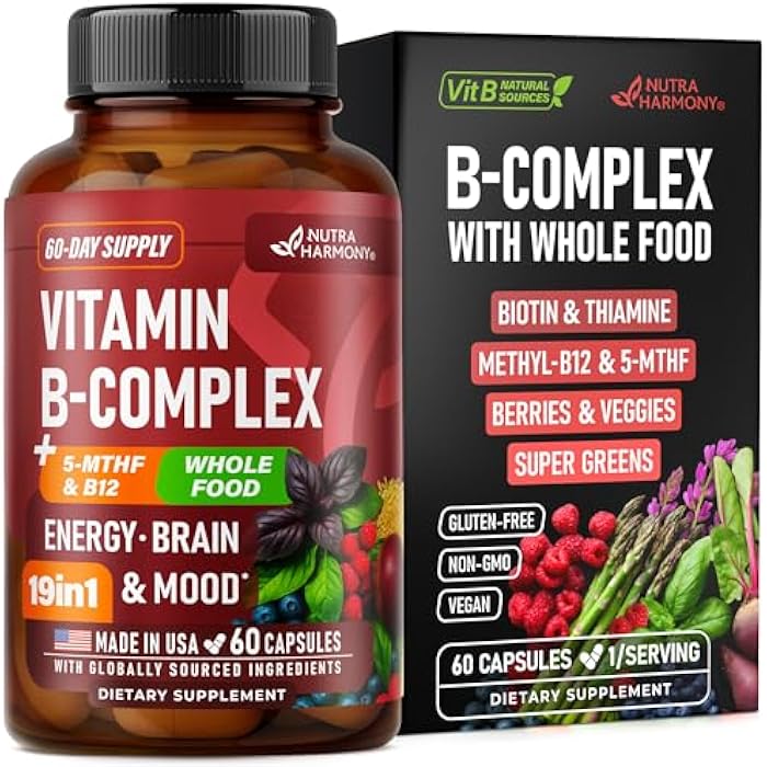 NUTRAHARMONY Vitamin B Complex - B1 | B2 | B3 | B5 | B6 | Biotin | B12 | 5-MTHF - Astragalus & Whole Food Blend - Energy, Metabolism & Brain - Vitamins B for Women & Men - Made in USA - 60 Capsules, 60 Days Supply - Image 1