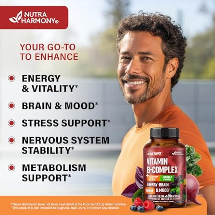 NUTRAHARMONY Vitamin B Complex - B1 | B2 | B3 | B5 | B6 | Biotin | B12 | 5-MTHF - Astragalus & Whole Food Blend - Energy, Metabolism & Brain - Vitamins B for Women & Men - Made in USA - 60 Capsules, 60 Days Supply - Image 3