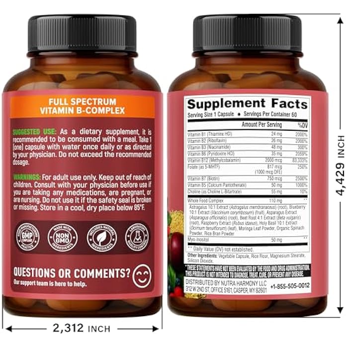 NUTRAHARMONY Vitamin B Complex - B1 | B2 | B3 | B5 | B6 | Biotin | B12 | 5-MTHF - Astragalus & Whole Food Blend - Energy, Metabolism & Brain - Vitamins B for Women & Men - Made in USA - 60 Capsules, 60 Days Supply - Image 2