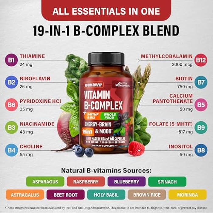 NUTRAHARMONY Vitamin B Complex - B1 | B2 | B3 | B5 | B6 | Biotin | B12 | 5-MTHF - Astragalus & Whole Food Blend - Energy, Metabolism & Brain - Vitamins B for Women & Men - Made in USA - 60 Capsules, 60 Days Supply - Image 4