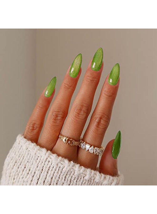 KKUUOO Green Press on Nails Almond Shape Fake Nails Medium False Nails with Glitter Design Glitter Acrylic Nails Full Cover Artificial Nails Glossy Stick on Nails for Women Xmas St Patricks Day Manicure - Image 1