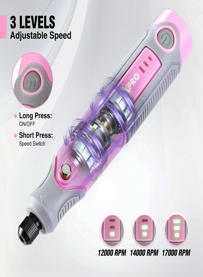 WORKPRO Cordless Rotary Tool Kit with 71pcs Accessories, 3 Variable Speeds, USB Rechargeable Mini Rotary Tool for Engraving, Sanding, Polishing, Carving, Cutting, DIY Crafts - Pink Ribbon - Image 4