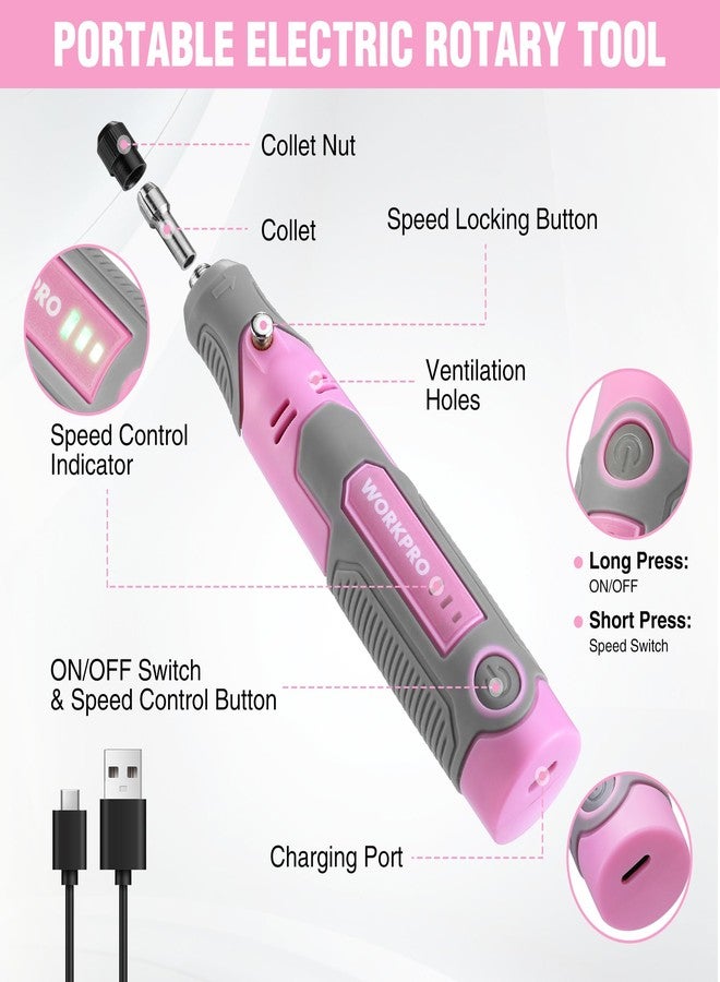 WORKPRO Cordless Rotary Tool Kit with 71pcs Accessories, 3 Variable Speeds, USB Rechargeable Mini Rotary Tool for Engraving, Sanding, Polishing, Carving, Cutting, DIY Crafts - Pink Ribbon - Image 3