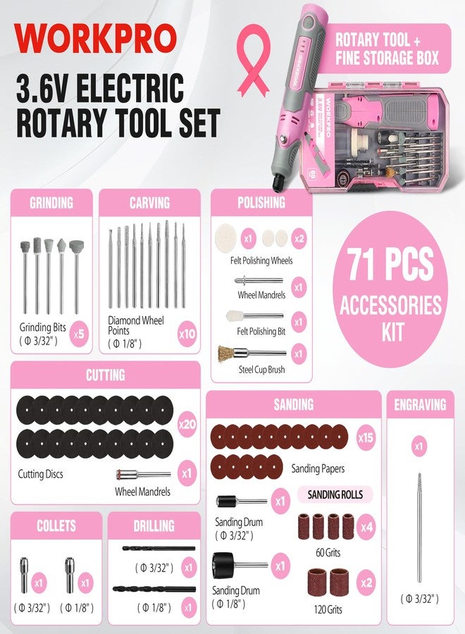WORKPRO Cordless Rotary Tool Kit with 71pcs Accessories, 3 Variable Speeds, USB Rechargeable Mini Rotary Tool for Engraving, Sanding, Polishing, Carving, Cutting, DIY Crafts - Pink Ribbon - Image 2