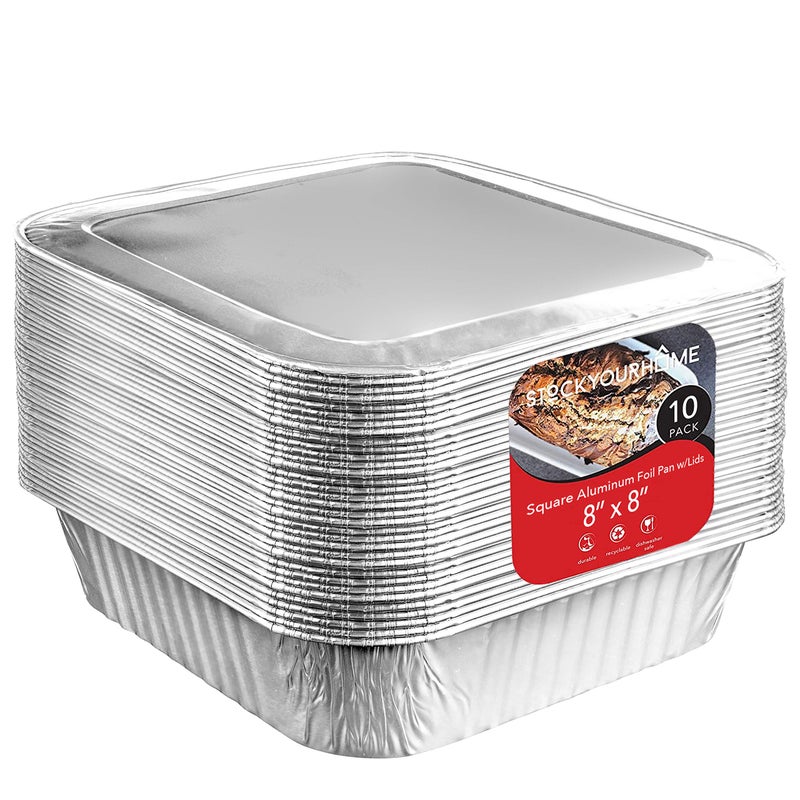 Stock Your Home 8x8 Foil Pans with Lids 10 Pack 8 Inch Square Aluminum Pans with Covers  Foil Pans and Foil Lids  Disposable Food Containers Great for Baking Cake Cooking Heating Storing Prepping Food