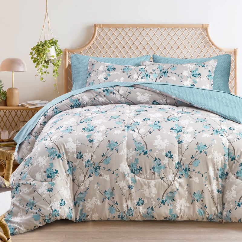 Flysheep Gray Botanical Bed in a Bag Queen Size 7 Pieces Aqua Grey Leaves Elegant Floral Comforter Bedding Set All Season1 Comforter 1 Flat Sheet 1 Fitted Sheet 2 Pillow Shams and 2 Pillowcases