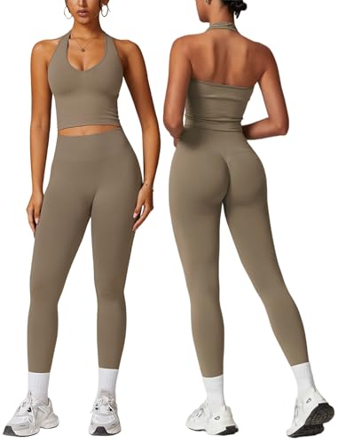 ABOCIW Workout Sets for Women 2 Piece Seamless V Neck Halter Tank Top with Bra Scrunch Butt Lifting High Waist Leggings Gym Sets Work Out Clothes Minky Medium - Image 1