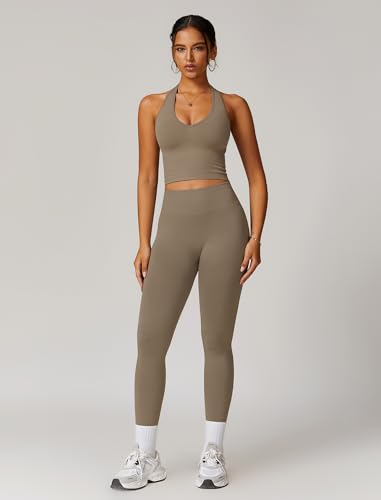 ABOCIW Workout Sets for Women 2 Piece Seamless V Neck Halter Tank Top with Bra Scrunch Butt Lifting High Waist Leggings Gym Sets Work Out Clothes Minky Medium - Image 3