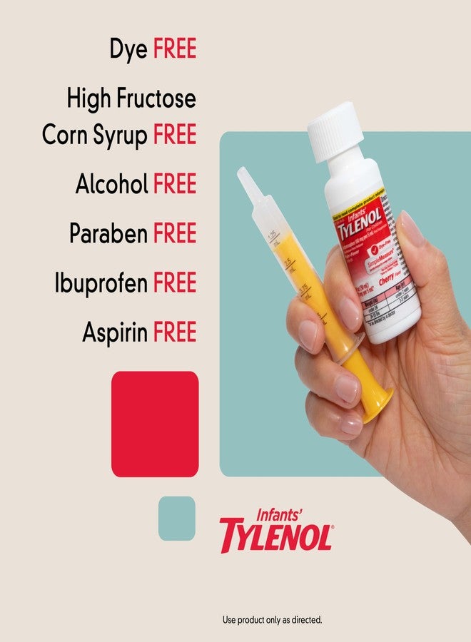 Tylenol Infants' Tylenol Liquid Pain Reliever and Fever Reducer Medicine, Acetaminophen Oral Suspension for Sore Throat, Headache & Teething, Kids Fever Reducer; Dye-Free Cherry Flavor, 2 fl oz, Pack of 1 - Image 3