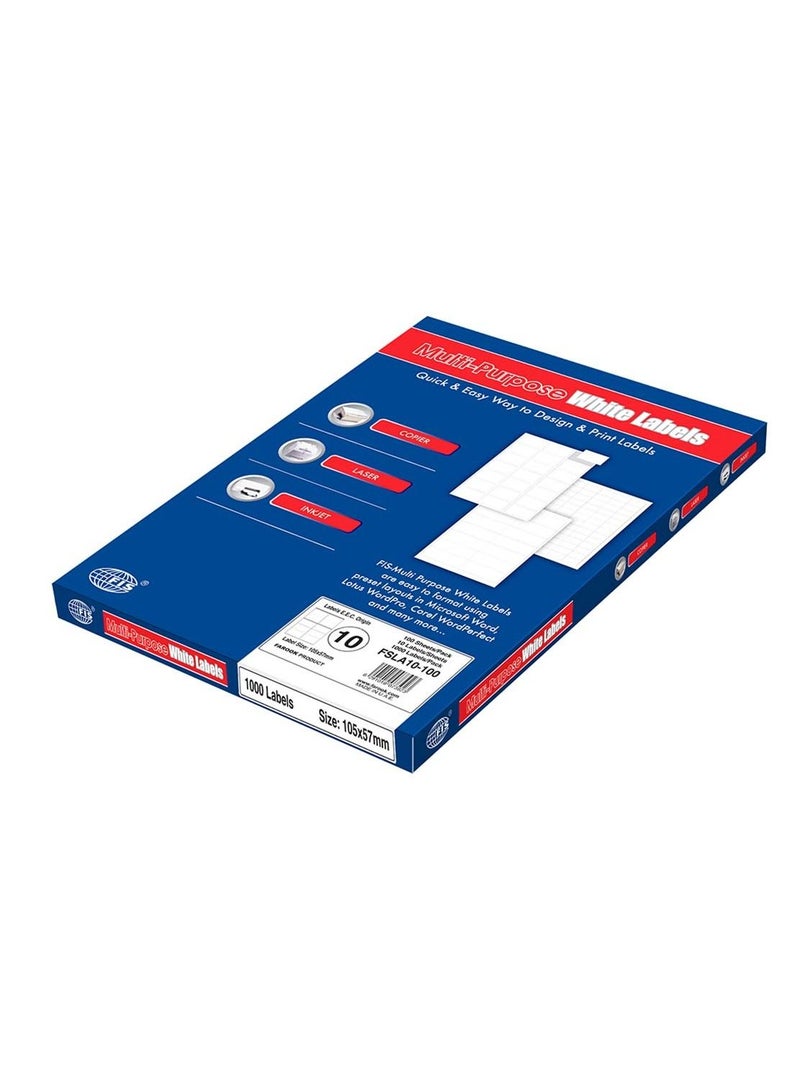FIS ملصقات ليزر متعددة الأغراض من FIS، لون أبيض، مقاس 105X57 مم (10 ملصقات × 100 ورقة) 1000 ملصق، مقاس: A4 (21X29.7 سم)، عبوة من 100 ورقة -FSLA10-100 - Image 1