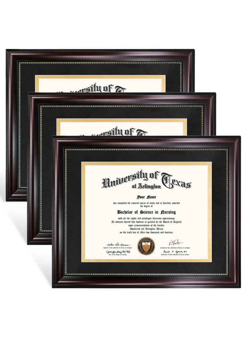 GraduationMall GraduationMall 85x11 Diploma Frame with Black over Gold Mat or Display 11x14 Document without Mat UV Protection Acrylic Mahogany with Gold Beads Set of 3 