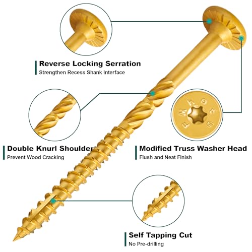 FMhotu #14 x 10 Inch Wood Structural Lag Screws 54Pcs Star Drive Decking Wood Screws, Rust Resistant Timber Screws for Timber/Log/Landscaping (Yellow) - Image 3