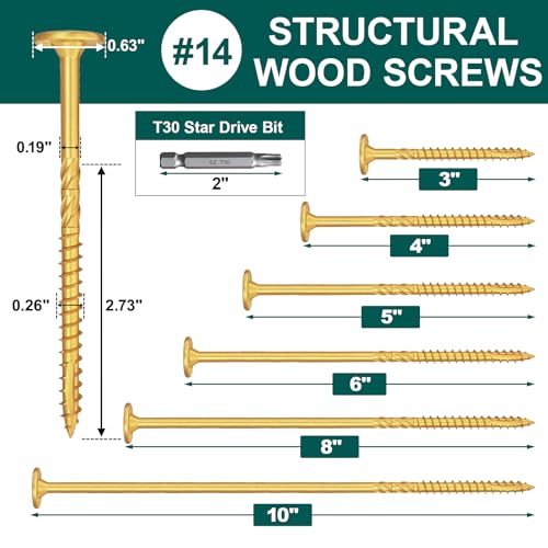 FMhotu #14 x 10 Inch Wood Structural Lag Screws 54Pcs Star Drive Decking Wood Screws, Rust Resistant Timber Screws for Timber/Log/Landscaping (Yellow) - Image 2