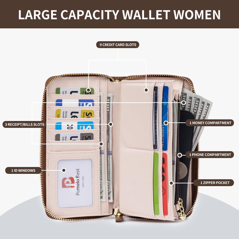 Pomelo Best Womens Wallet RFID Blocking Leather Multi Credit Card Large Capacity Zip Around Wallets Clutch Wristlet Travel Long Purse for Lady Brown - Image 3