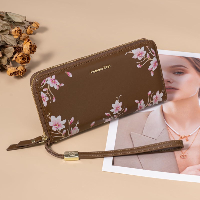 Pomelo Best Womens Wallet RFID Blocking Leather Multi Credit Card Large Capacity Zip Around Wallets Clutch Wristlet Travel Long Purse for Lady Brown - Image 2