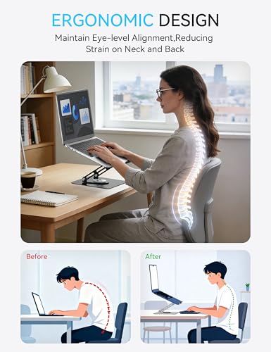 SOUNDANCE 360 Rotating Laptop Stand, Ergonomic Computer Riser for Desk, Adjustable Height Multi-Angle Metal Holder, Foldable Portable Notebook Elevating Base for Office & Home, Black - Image 5
