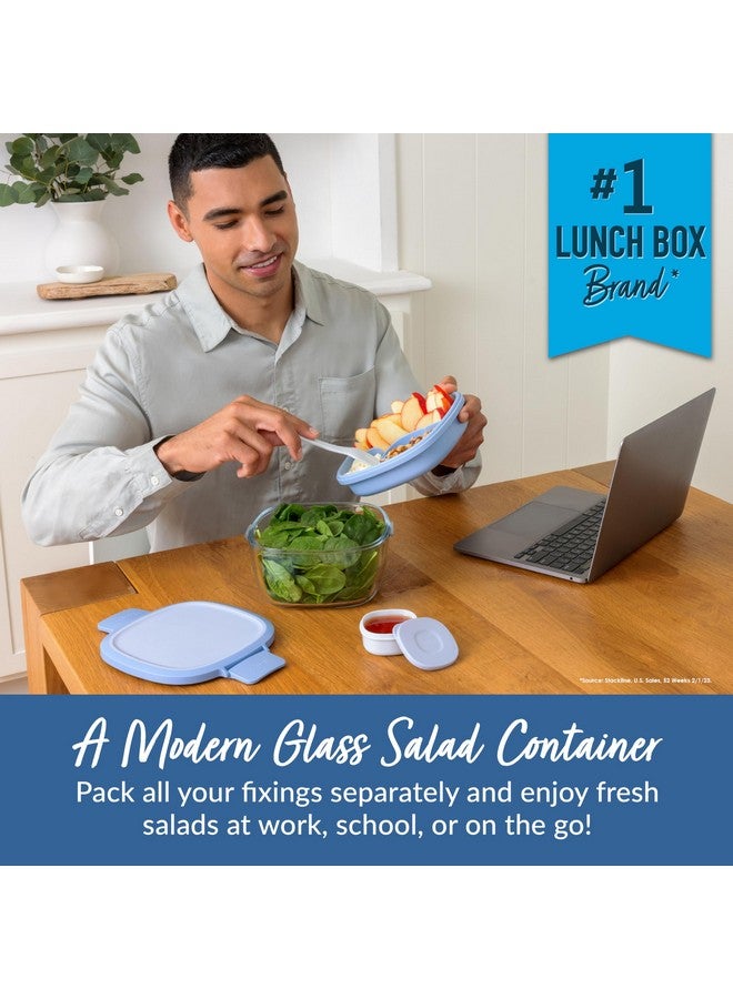 بنتجو وعاء سلطة زجاجي متعدد الاستخدامات من بينتجو - وعاء سلطة كبير سعة 61 أونصة مع غطاء، وصينية بينتو بأربعة أقسام، وحاوية صلصة سعة 3 أونصة، وشوكة قابلة لإعادة الاستخدام - آمن للاستخدام في غسالة الأطباق والميكروويف والفرن (أزرق فاتح) - Image 2
