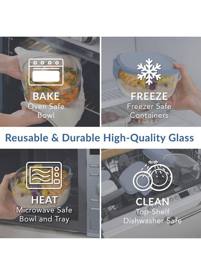 بنتجو وعاء سلطة زجاجي متعدد الاستخدامات من بينتجو - وعاء سلطة كبير سعة 61 أونصة مع غطاء، وصينية بينتو بأربعة أقسام، وحاوية صلصة سعة 3 أونصة، وشوكة قابلة لإعادة الاستخدام - آمن للاستخدام في غسالة الأطباق والميكروويف والفرن (أزرق فاتح) - Image 4