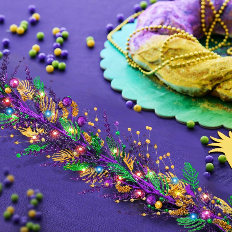 YLOLUL 6 Ft Mardi Gras Purple Green Gold Glitter Vine Garland for Front Door Carnival Party Wreath Glitter Hanging Garland Mardi Gras Party Home Decor Garlands for Indoor Outdoor Mantle Staircase Railing - Image 4