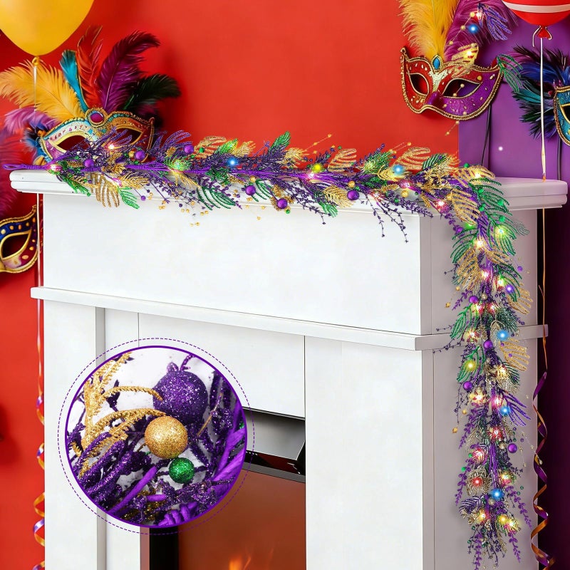 YLOLUL 6 Ft Mardi Gras Purple Green Gold Glitter Vine Garland for Front Door Carnival Party Wreath Glitter Hanging Garland Mardi Gras Party Home Decor Garlands for Indoor Outdoor Mantle Staircase Railing - Image 5