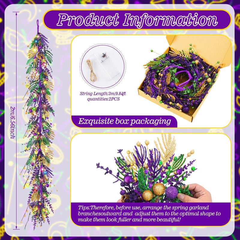 YLOLUL 6 Ft Mardi Gras Purple Green Gold Glitter Vine Garland for Front Door Carnival Party Wreath Glitter Hanging Garland Mardi Gras Party Home Decor Garlands for Indoor Outdoor Mantle Staircase Railing - Image 3