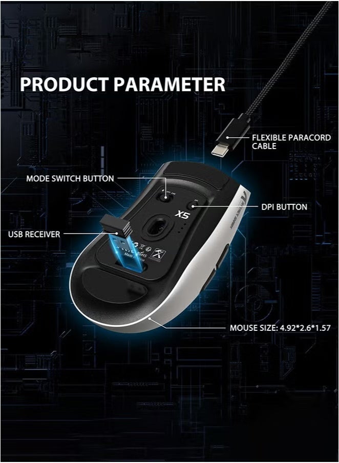 ATTACK SHARK X5 Wireless Gaming Mouse with Tri-Modes BT 5.1/2.4Ghz/USB-C,Lightweight 49g,PAW3212 Optical Sensor,Rechargeable Battery,RGB LED Computer Mouse for PC/Tablet/Desktop/Office/Games - Image 5