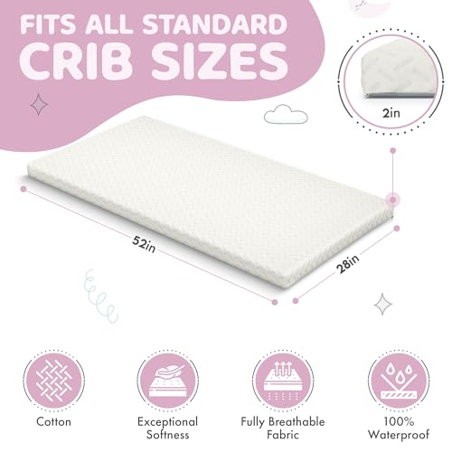 Sleepah 2” Crib Mattress Topper Memory Foam - Waterproof Breathable Soft Washable Cover 52” x28” x 2” Fits Standard Size Cribs & Toddler Beds by Sleepah - Image 4
