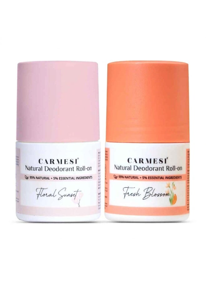 Carmesi Natural Underarm Roll On Deodorant Combo for Women | 95% Natural + 5% Essential Ingredients | For Fresh Underarms All Day |  Floral Sunset & Fresh Blossom (2 x 50 ml) with 2% Salicylic Acid w/w - Image 1