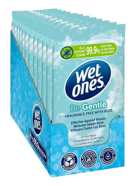 WET ONES - Be Gentle | Sustainable Antibacterial Wipes | 144 Wipes - 12 Packs x 12 Wipes