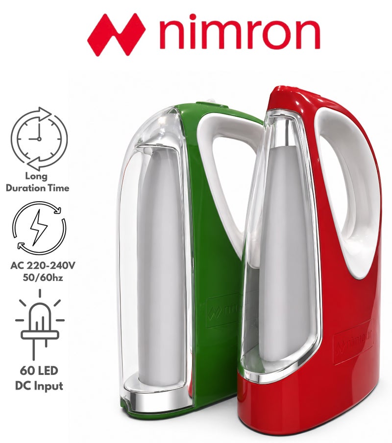 nimron Pack of 2 Rechargeable Emergency Lanterns - 60 PCS SMD LED, Up to 4.5 Hours Backup, Dual Charging (AC & Solar), High-Capacity 4V Battery - Green (NR950EL) & Red (NR945EL) - Image 1