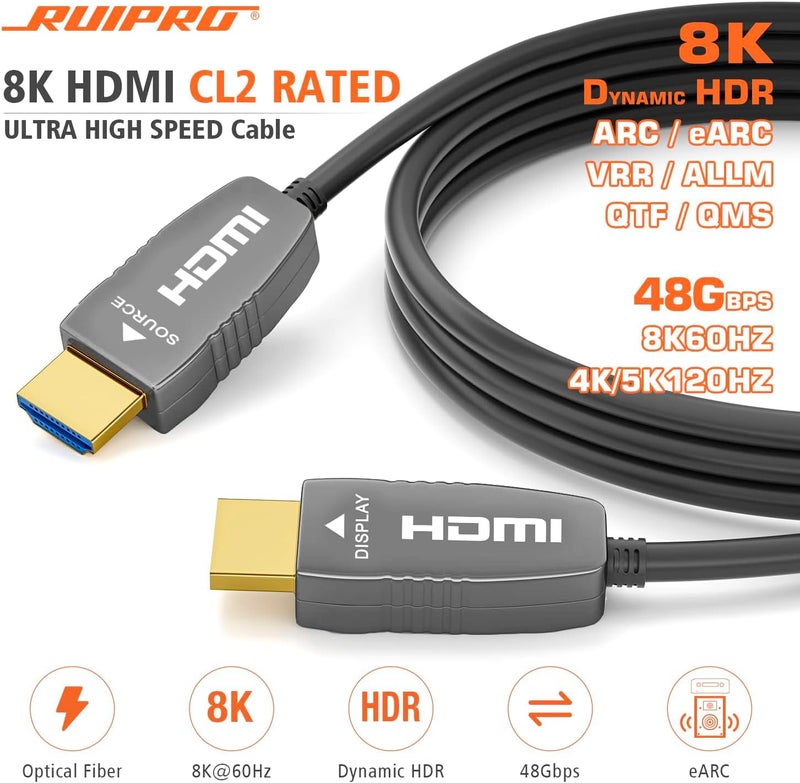 RUIPRO 8K HDMI Fiber Optic Cable CL2 Rated 50 Feet 48Gbps 8K60Hz 4K120Hz Dynamic HDR eARC HDCP2.2/2.3 for RTX4080/4090/3080/3090, Xbox S/X, PS5/4, AVR, Projector, LG/Samsung/Sony TV - Image 2