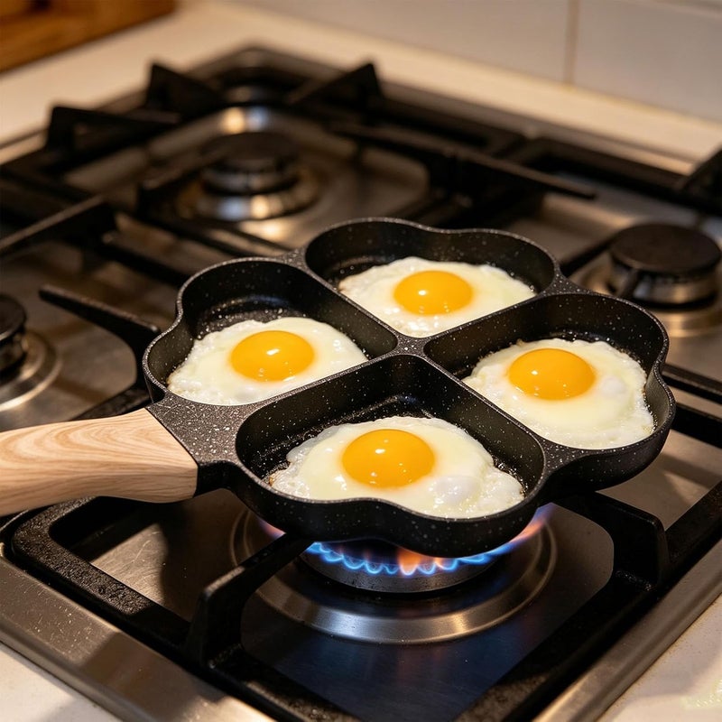 Luocute Heart Shape Egg Pan, 4 Cup Nonstick Maifan Stone Coating Breakfast Skillet with Wood Handle, for Omelets Bacon Pancakes Gas Induction Cooker - Image 2