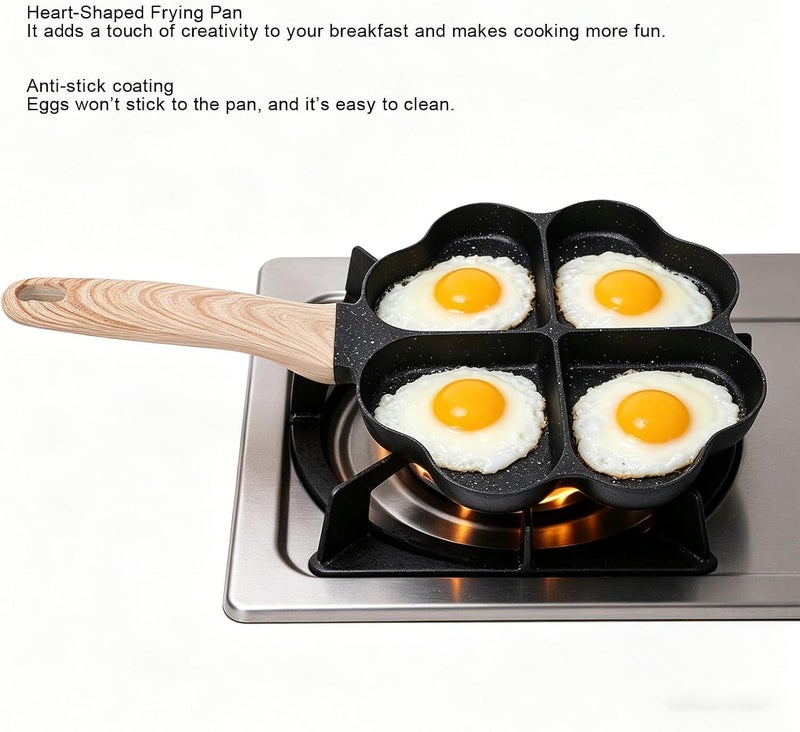 Luocute Heart Shape Egg Pan, 4 Cup Nonstick Maifan Stone Coating Breakfast Skillet with Wood Handle, for Omelets Bacon Pancakes Gas Induction Cooker - Image 4