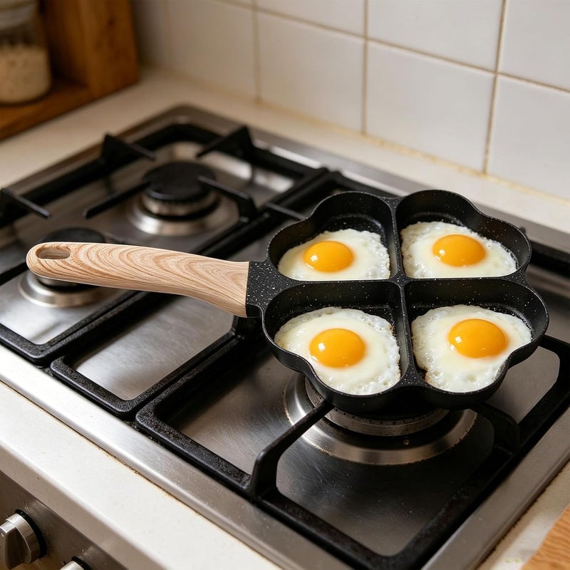 Luocute Heart Shape Egg Pan, 4 Cup Nonstick Maifan Stone Coating Breakfast Skillet with Wood Handle, for Omelets Bacon Pancakes Gas Induction Cooker - Image 3