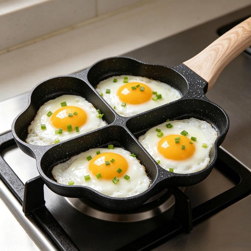 Luocute Heart Shape Egg Pan, 4 Cup Nonstick Maifan Stone Coating Breakfast Skillet with Wood Handle, for Omelets Bacon Pancakes Gas Induction Cooker - Image 5