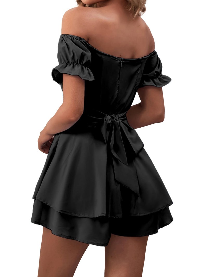 LYANER Women's Off the Shoulder Wrap Tie Up Back Ruffle Trim Short Sleeve Romper Short Jumpsuit Black Small - Image 5