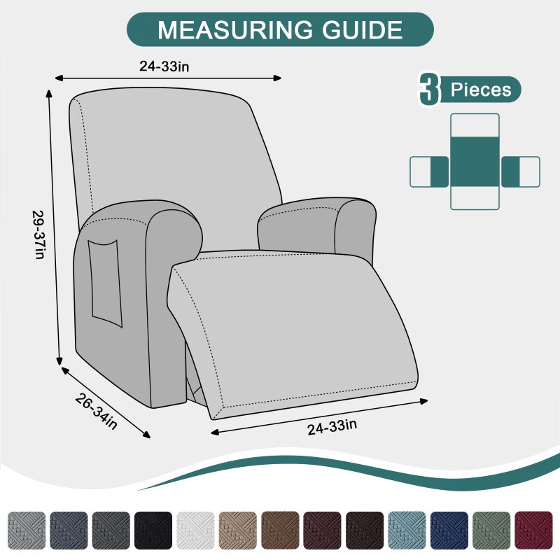 Ruaozz Recliner Sofa Covers Recliner Chair Covers Recliner Covers for Reclining Chair with Pockets Washable Furniture Protector with Elastic Bottom (1 Seater, Grey) - Image 2