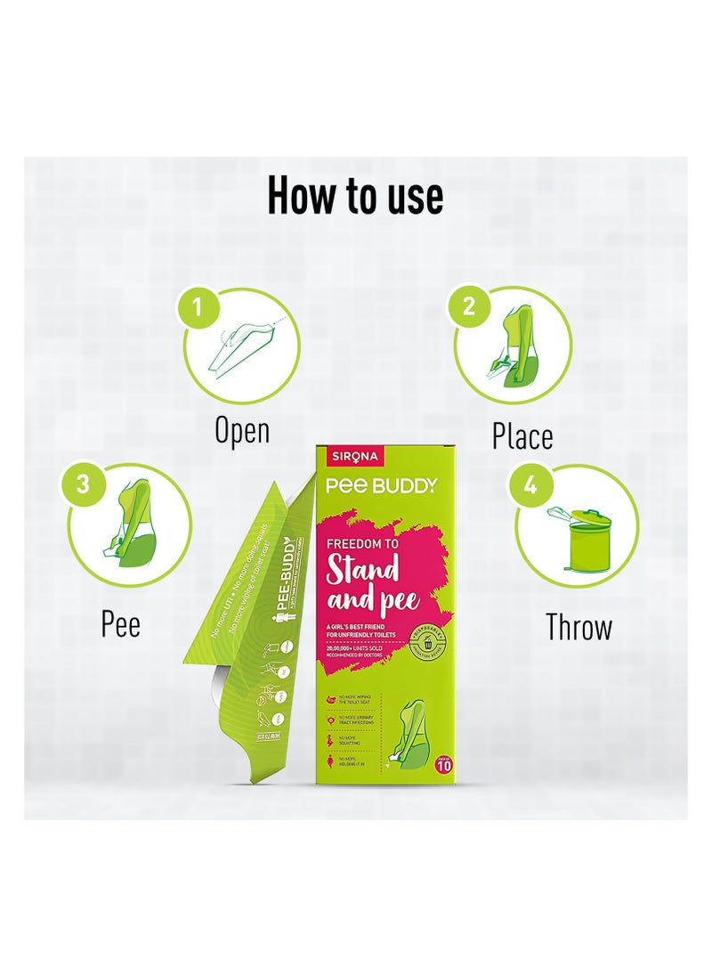 Sirona - PEE BUDDY 10 Funnels Disposable Female Urination Device for Women | Portable, Leak-proof Stand and Pee Funnels for Women, Girls| Public Toilets, Travel, Camping, Hiking and Outdoor Activities - Image 1