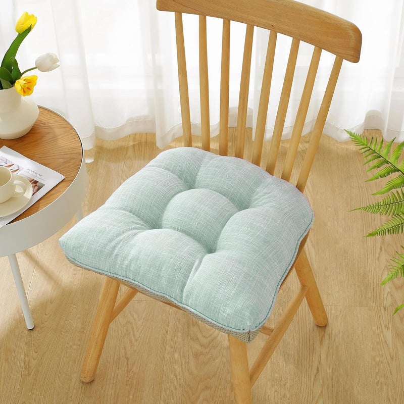 Huierxun Cotton Linen Soft Comfort Chair Cushion 18"x17"x2" Tufted Chair Pads with Ties Non-Slip Seat Cushions for Indoor Dining Room Kitchen and Office Chairs (Green Blue,18"x17") - Image 1