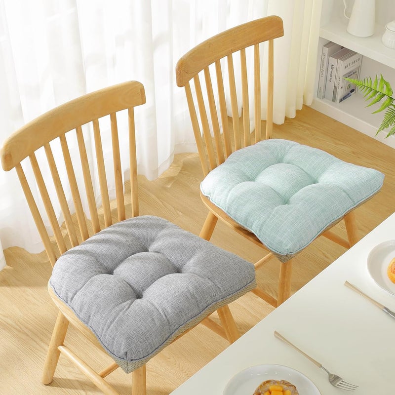 Huierxun Cotton Linen Soft Comfort Chair Cushion 18"x17"x2" Tufted Chair Pads with Ties Non-Slip Seat Cushions for Indoor Dining Room Kitchen and Office Chairs (Green Blue,18"x17") - Image 2