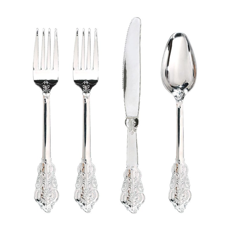 WDF 200 Pieces Silver Plastic Silverware Disposable  50Guests Silverware Plastic Cutlery  Disposable Utensils Includes 100 Forks 50 Spoons 50 Knives Perfect for Wedding or Party